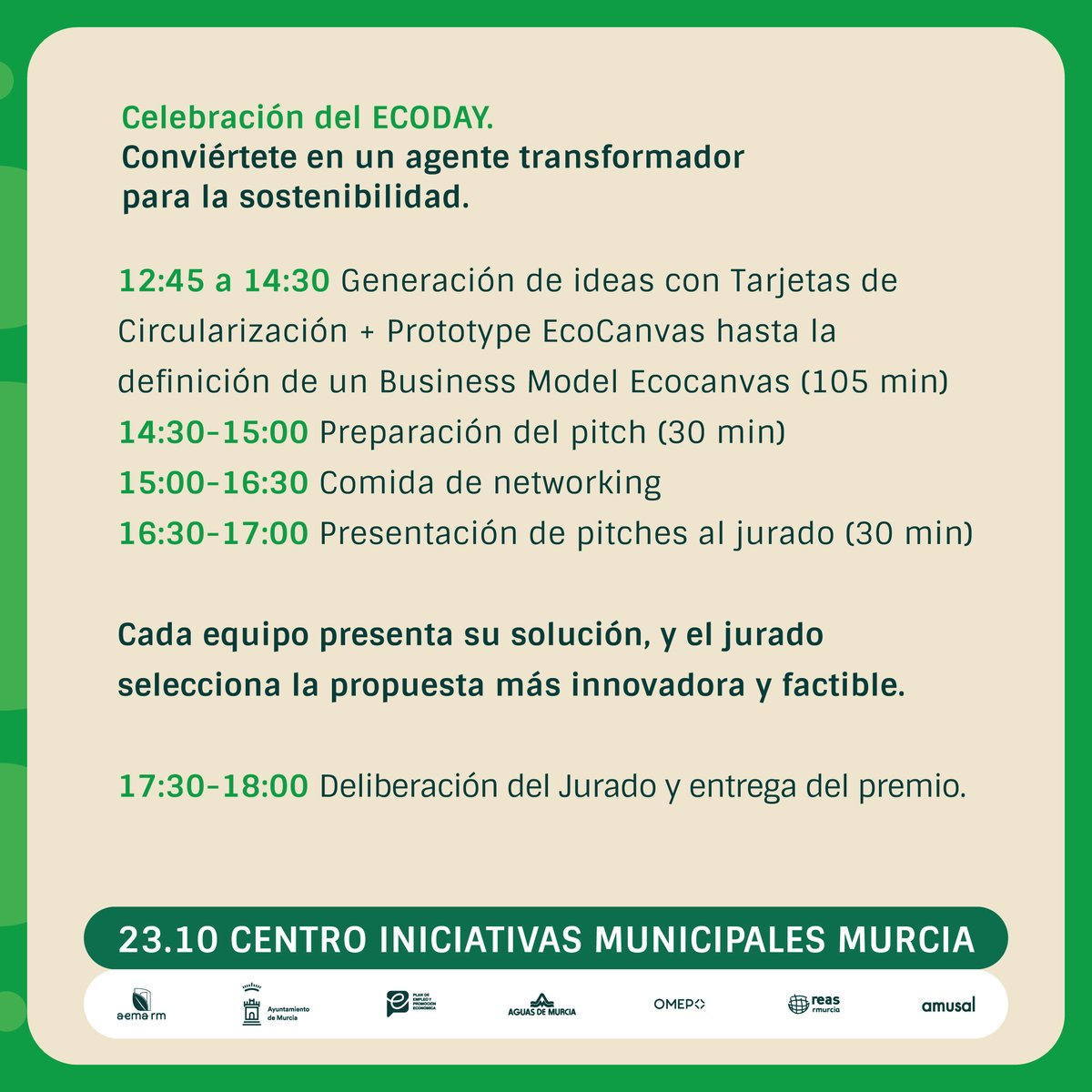 II Encuentro de Emprendimiento Verde y Circular de la Región de Murcia🌍<a href="/AEMArm/">AEMA-rm</a>
📅Miércoles,23 de octubre
 📍Centro de Iniciativas Municipales de Murcia
✨Únete e inscríbete gratis en aema-rm.org
#EmprendimientoVerde #EconomíaCircular #Networking #MurciaVerde #AEMArm