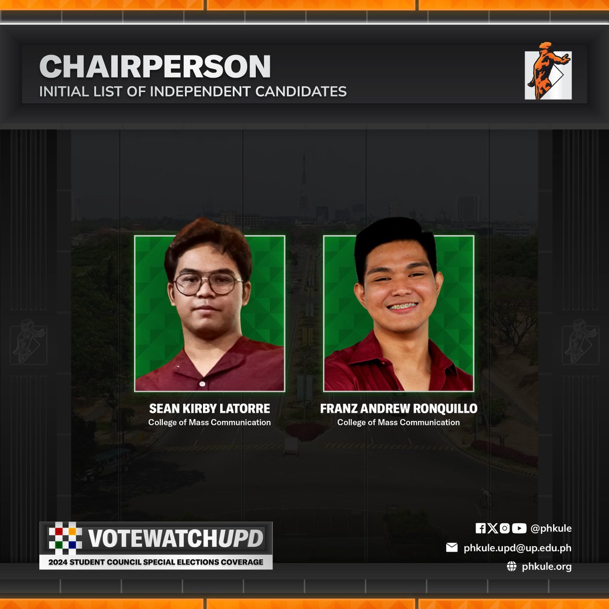 phkule's tweet photo. The chairperson race will be between two candidates who ran under STAND UP during the previous polls. Sean Kirby Latorre and Franz Andrew Ronquillo are running as independent candidates. Latorre served as the USC vice chairperson while Ronquillo used to be a councilor.

#votewatchupd