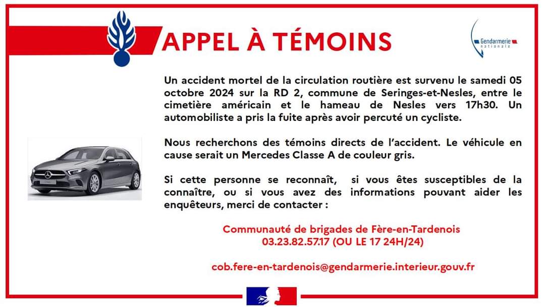 Un appel à témoins est lancé par la gendarmerie de l'#Aisne.
Est recherché le conducteur d'une Mercedes classe A grise, qui a tué un #cycliste de 63 ans à Seringes-et-Nesles, ce samedi 5 octobre sur la RD2.
L'automobiliste a pris la fuite en abandonnant sa victime sur la route.