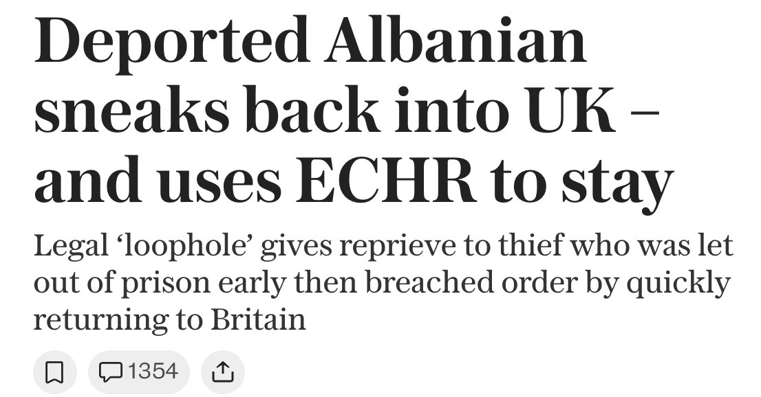MartinDaubney's tweet image. THEY&apos;RE DESTROYING BRITAIN
Two headlines that sum up modern Britain

1. Deported Albanian sneaks back into UK – and uses ECHR to stay

2. Britain to suffer biggest exodus of millionaires in the world

We welcome the world&apos;s riff-raff on small boats. Then drive away the wealthiest…