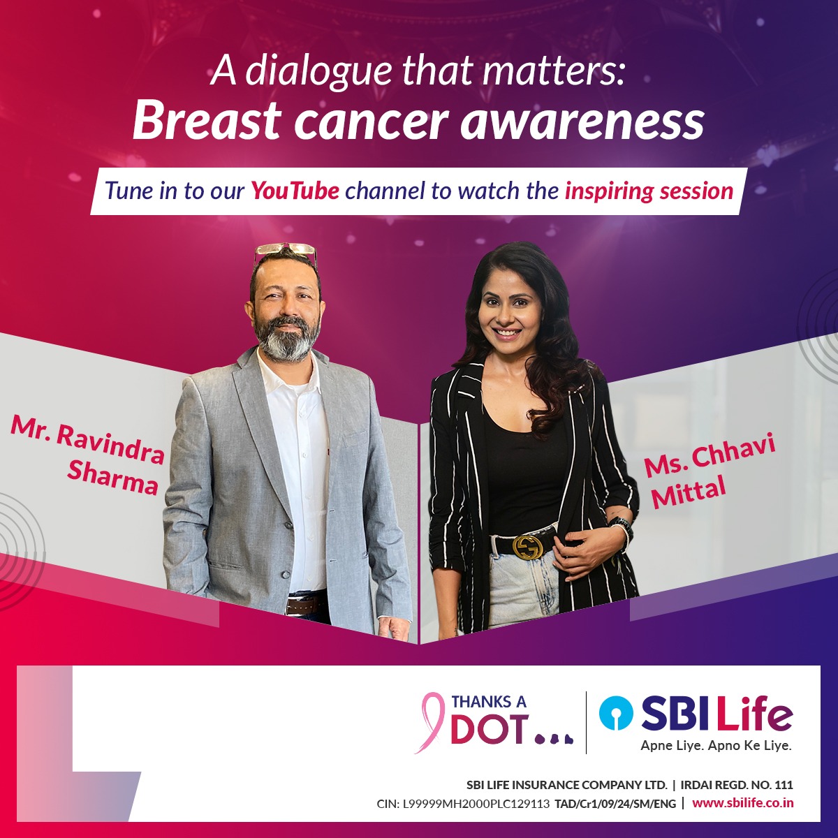 SBILife's tweet photo. Join Ravindra Sharma, Chief of Brand at SBI Life, and actress Chhavi Mittal as they discuss self-examination and early breast cancer detection. Watch the inspiring session on SBI Life's YouTube channel!
#ThanksADot #BreastCancerAwareness #SBILife #ApneLiyeApnoKeLiye https://t.co/y7pp2IFwyo