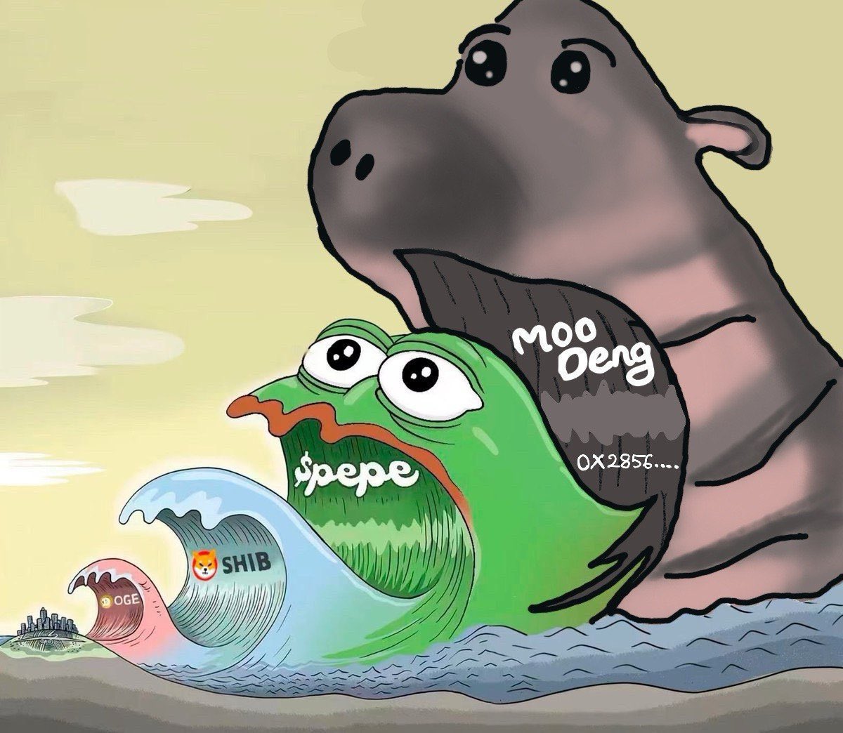 Moodeng 的名字来自泰国，是一只泰国动物园里广受欢迎的侏儒河马。它的名字 “Moodeng” 在泰语中意为 “红猪”（“moo” 是 “猪”，“deng” 是 “红色”）。尽管 Moodeng 是一只侏儒河马，但因为它皮肤颜色较深，类似红色，因此得名。
Moodeng