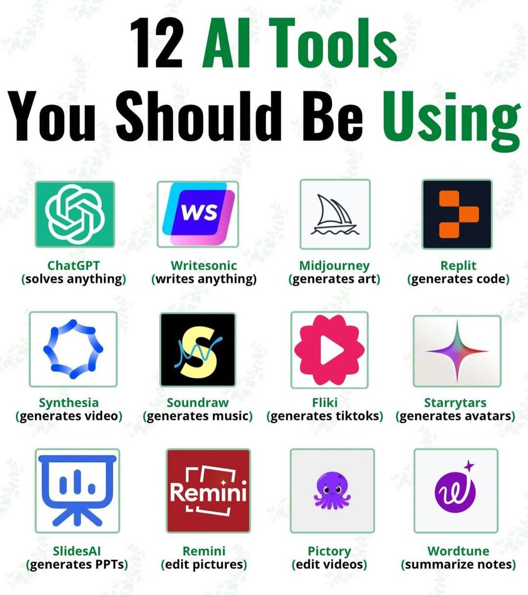 Best AI tools to use in 2024:

1. ChatGPT - Solves anything
2. Writesonic - Writes anything
3. Midjourney - Generates art
4. Replit - Generates code
5. Synthesia - Generates videos
6. Soundraw - Generates music
7. Fliki - Generates TikToks
8. Starrytars - Generates avatars
9.