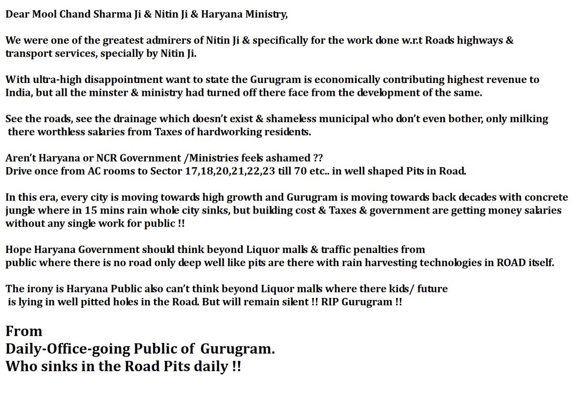 ram4min's tweet photo. @RahulGandhi @SoniaGandhi_FC @soniagadhi420 @cmohry @INCIndia @INCDelhi Will u do these INFRA developments in gurugram, which r missing frm decades after paying taxes &amp; prove ur Govt. works better &amp; should have a national footprint which is missing frm long ? https://t.co/ApF1O9Ihb1