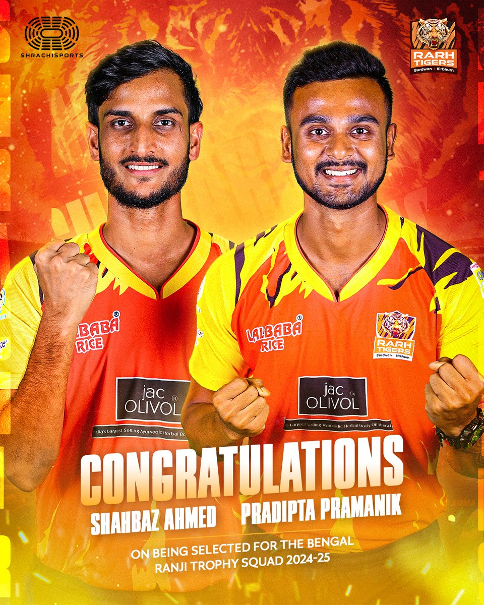 Two Tigers roar onto the big stage! 🐅 Congratulations to Shahbaz Ahamed and Pradipta Pramanik from Shrachi Rarh Tigers for securing their spots in the prestigious Ranji Trophy. Here’s to new challenges and greater achievements!