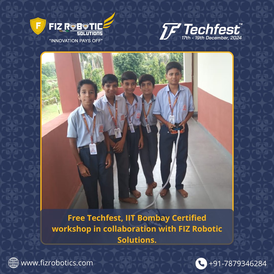 FIZ_Robotics's tweet image. We’re thrilled to share some amazing moments from the Techfest, IIT Bombay Certified Workshop, hosted at Vidya Niket in collaboration with FIZ Robotic Solutions! 🚀✨
Book your FREE Workshop today with us at- +91 7879346284.
#TechfestIITBombay #Techfest2024 #RoboticsWorkshop
