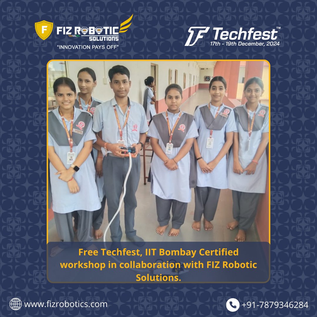 FIZ_Robotics's tweet image. We’re thrilled to share some amazing moments from the Techfest, IIT Bombay Certified Workshop, hosted at Vidya Niket in collaboration with FIZ Robotic Solutions! 🚀✨
Book your FREE Workshop today with us at- +91 7879346284.
#TechfestIITBombay #Techfest2024 #RoboticsWorkshop