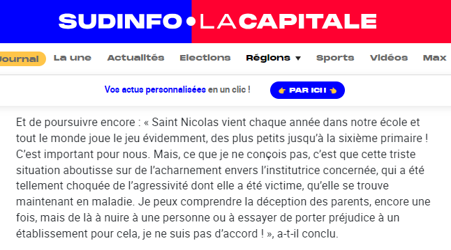 Titre: "« Saint Nicolas est mort, le Père Noël est une invention de Coca-Cola… » : quand un cours dérape dans une classe de primaires à Herve"
Réalité⬇️: une Karen version wallonne s'est déchaînée sur les réseaux sociaux -> l'instit en est tombée malade☹️ sudinfo.be/id894151/artic…