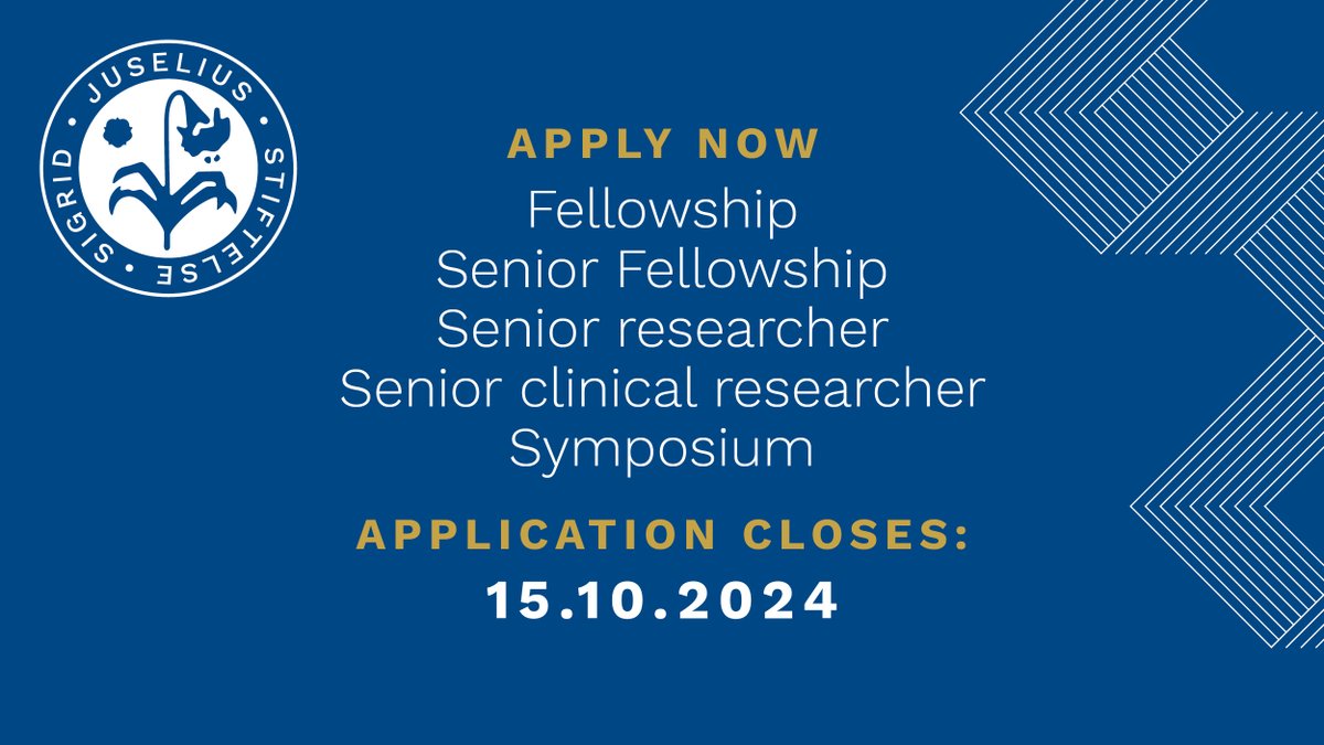 One more week to apply! The  application for Fellowship, Senior Fellowship, Senior researcher, Senior clinical researcher and Symposium grants closes on October 15. Apply now: sigridjuselius.fi/en/available-g…

#sigridjuseliusfoundation #grant #research #medicine