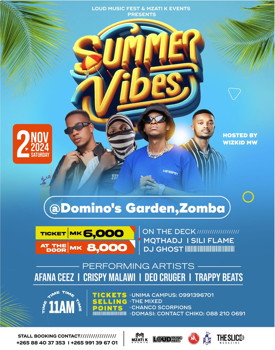 Canalmw98's tweet photo. ZOMBA GET READY FOR SUMMER VIBES
DATE: 2 November 2024
VENUE : Domino's Garden
TICKET PRICE: K6000
AT THE DOOR: k8000
Contact +265 884 03 73 53 to get your Ticket
Performing artists
@trappybeats265
@Afana_Ceez
#Abale
@DeoCruger
#LoudMusicFest
#MzatKEvents https://t.co/7vq0zKrFpq
