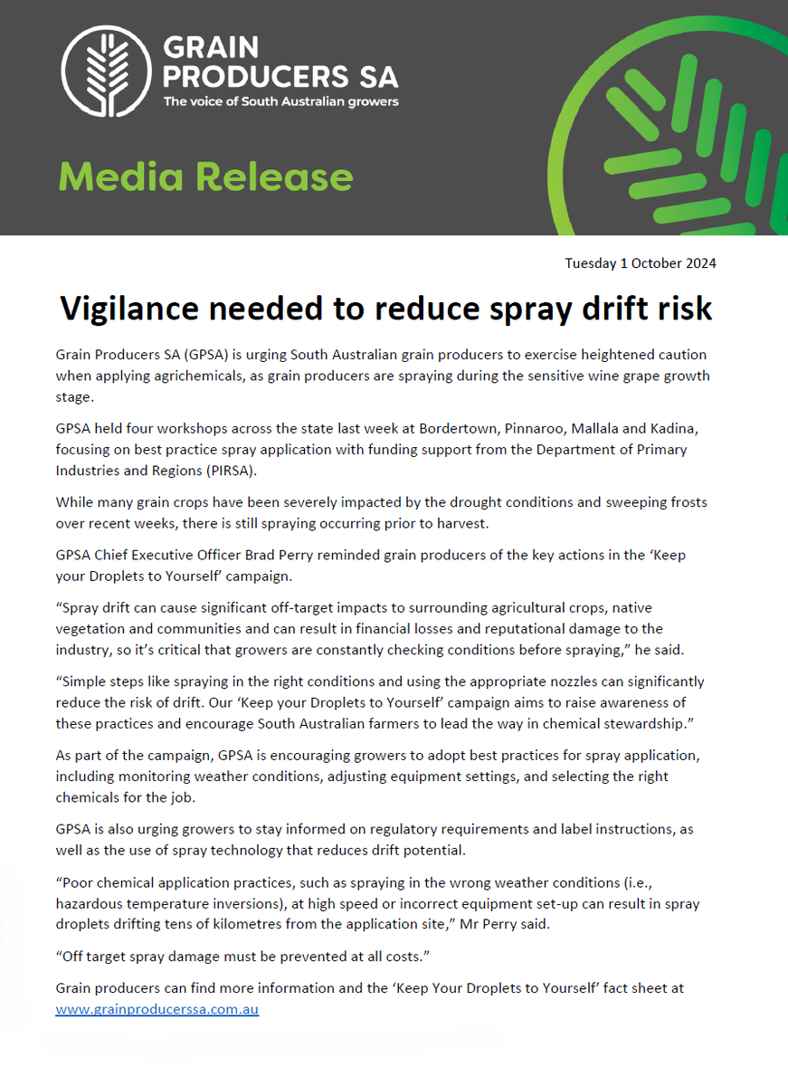 Grain Producers SA is urging grain producers to exercise heightened caution when applying agrichemicals through our "Keep Your Droplets to Yourself" campaign, as producers are spraying during the sensitive wine grape growth stage. Download the fact sheet: shorturl.at/oSpW4