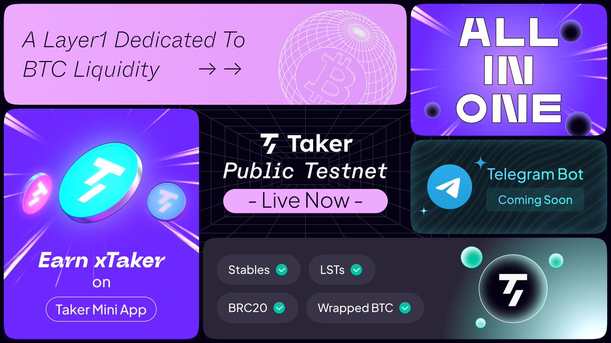 TakerProtocol's tweet photo. 🌐Taker testnet V1 is now live! 🚀

Taker Protocol unites the power of liquidity in the $BTC ecosystem for stable and abundant yields. ⚡️
 
👉Start Here: https://t.co/nrTJZJpgks

⚖️Leveraging Telegram, the TON ecosystem with BTCfi, the Taker Telegram Mini App is coming soon, stay tuned. 

#Taker #Testnet #Blockchain #Airdrop