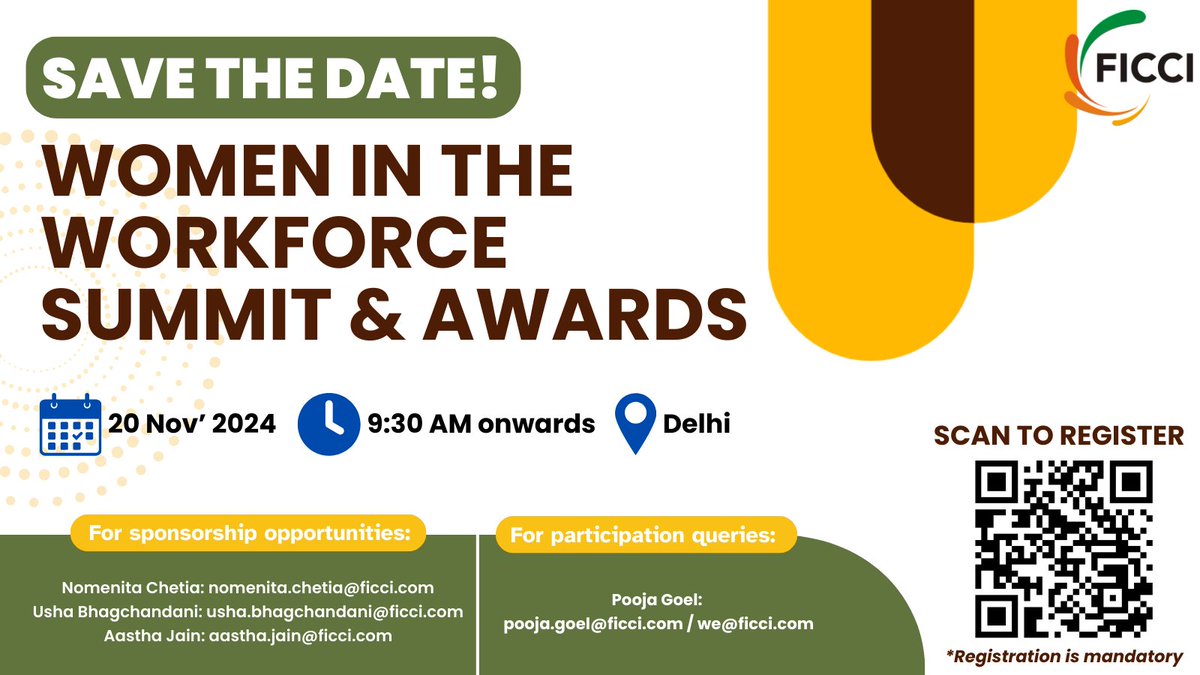 FicciCSR's tweet photo. Join us at the #Women in the Workforce Summit &amp; Awards on 20th November 2024.

A day of insightful #discussions and acknowledging organizations with FICCI Women #Empowerment Awards.

Register now at https://t.co/vYVmW3gGJl https://t.co/WJIQlt7Qmw