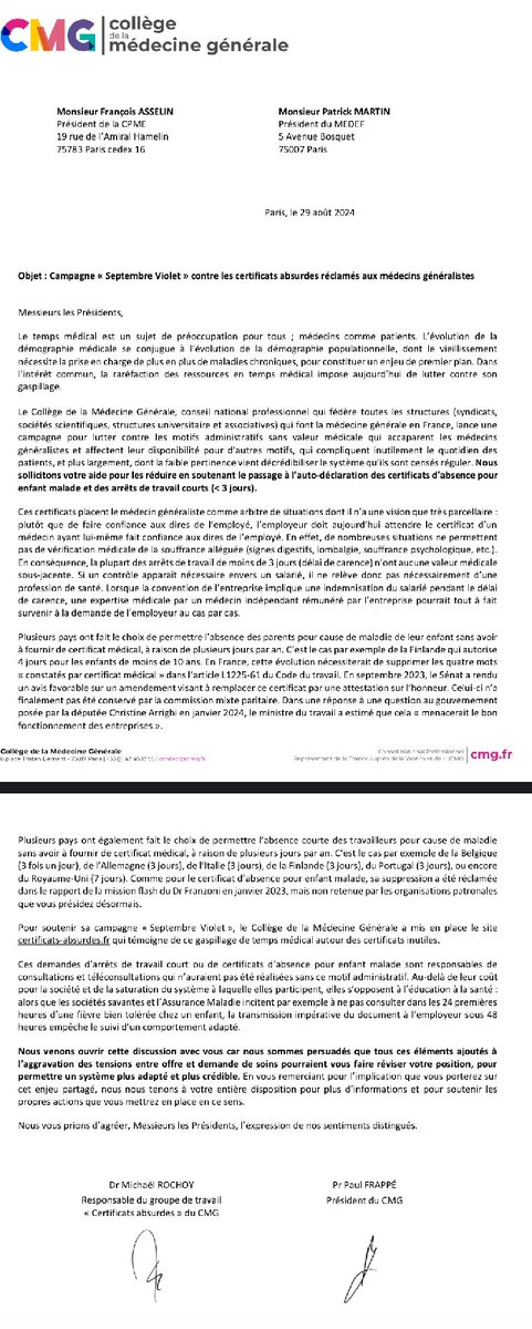 Cette position de <a href="/AsselinFasselin/">François Asselin</a> <a href="/CPMEnationale/">CPME</a> intervient (étrangement) peu après avoir reçu le courrier du collège de la médecine générale dans le cadre de #SeptembreViolet l’incitant à réviser sa position… et permettre aux salariés de s’auto-déclarer en arrêt court 😬