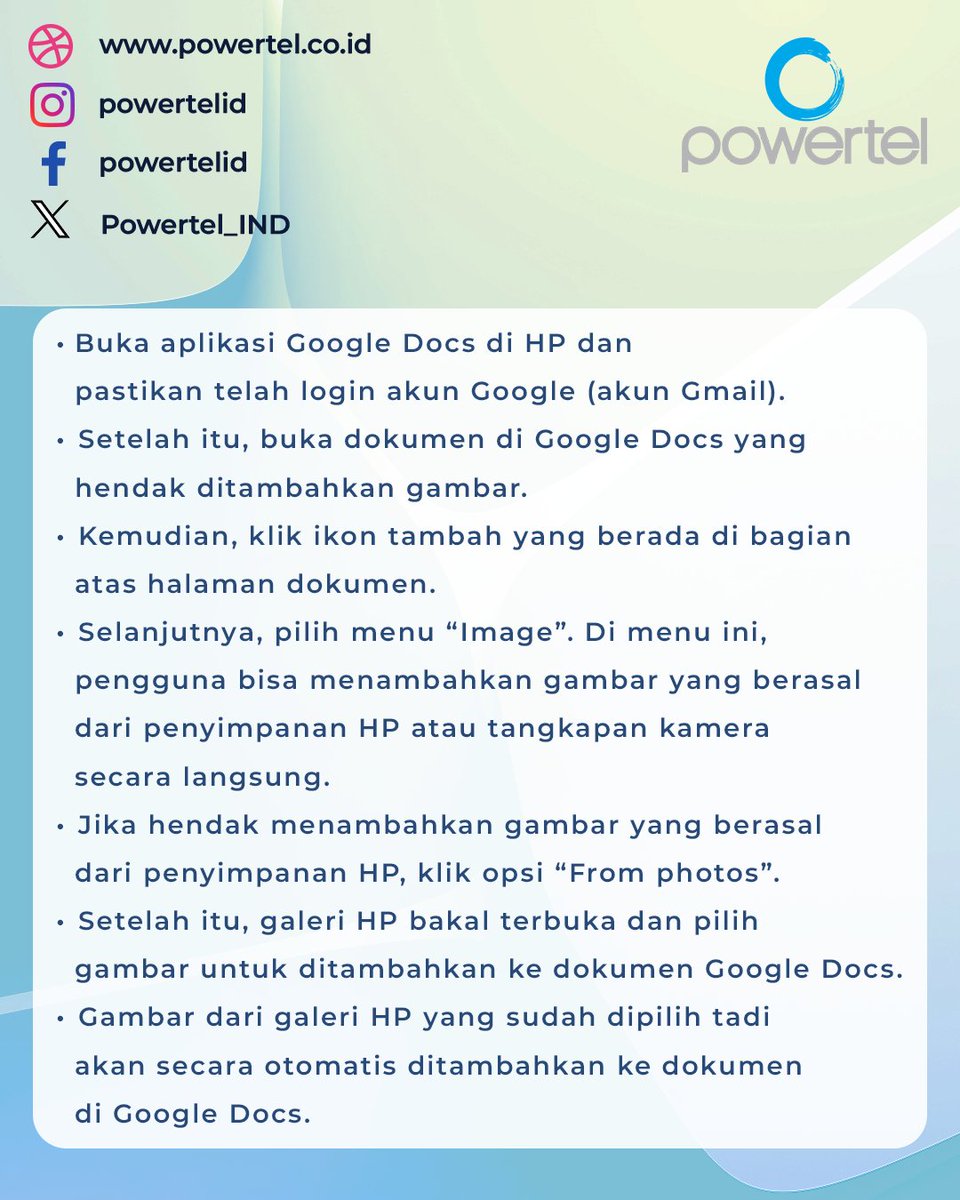 Powertel_IND's tweet image. Cara Menyisipkan Gambar di Google Docs Menggunakan HP
#GoogleDocs #TutorialGoogleDocs #TipsGoogleDocs #EditDokumenDiHP #TambahGambarDiGoogleDocs #PanduanGoogleDocs #DokumenDigital #CaraTambahGambar #TipsSmartphone #CaraEditDokumen #GambarDiGoogleDocs #ProduktifDiHP #powertelid