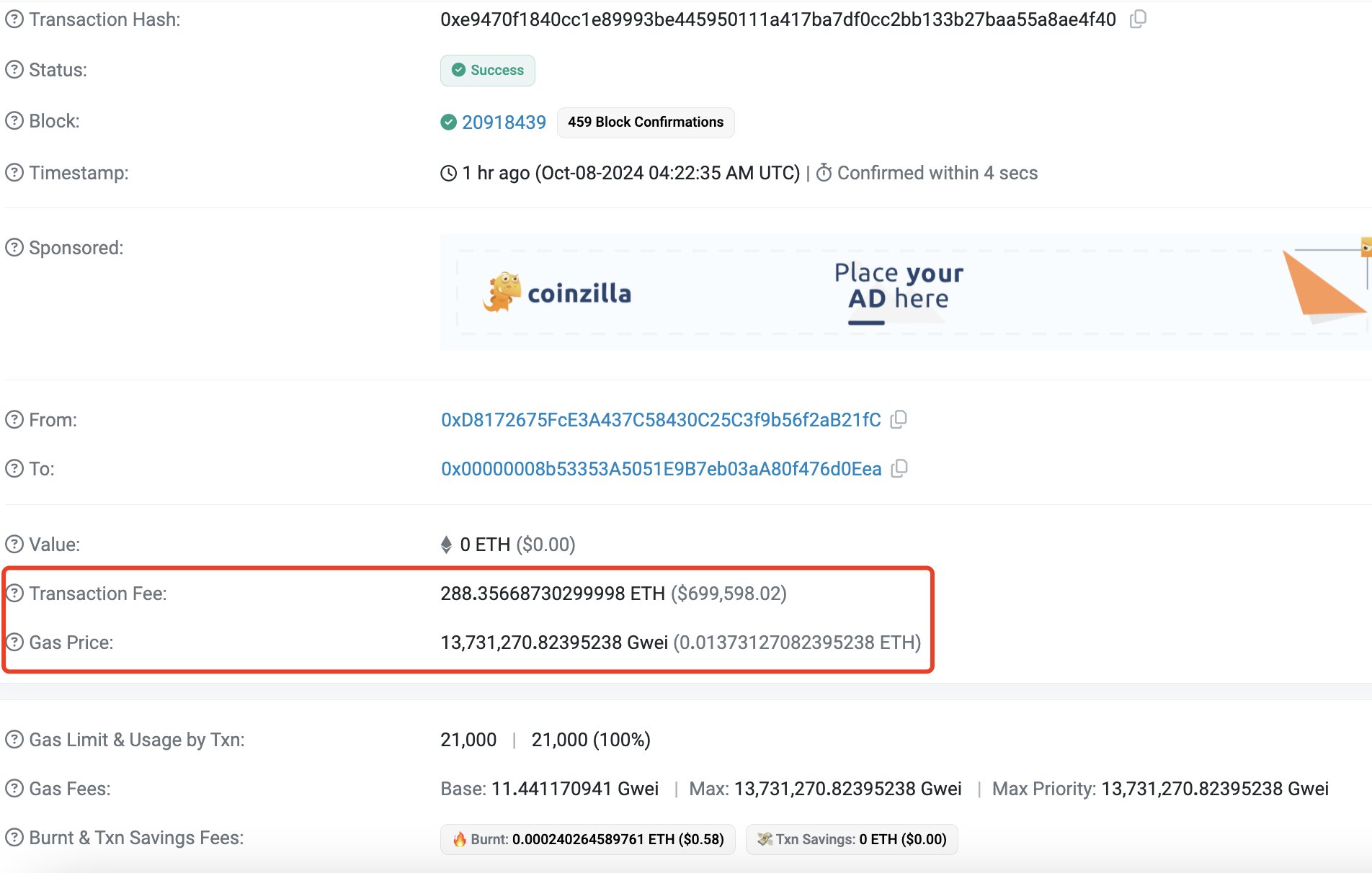 Capture d'écran du frais de gaz Ethereum de 70 000 $