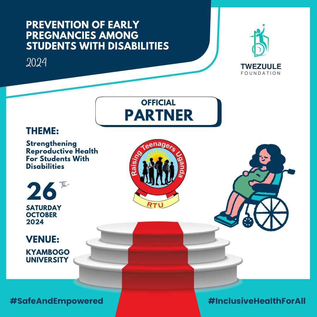 THE BAKER JUMBAZ🎤🇺🇦🇨🇦🇰🇪 (Official) (@bakerjumba1) on Twitter photo While advocating for the rights and well-being of adolescents and girls, have we thought of those vulnerable disabled girls that have fallen victims of teenage pregnancy?
Join <a href="/RaisingTeensUg2/">Raising Teenagers Uganda🇺🇬</a> in an official partnership with <a href="/TwezuuleF/">Twezuule Foundation♿️</a> at <a href="/kyambogou/">KYAMBOGO UNIVERSITY</a> on 26th October. While advocating for the rights and well-being of adolescents and girls, have we thought of those vulnerable disabled girls that have fallen victims of teenage pregnancy?
Join <a href="/RaisingTeensUg2/">Raising Teenagers Uganda🇺🇬</a> in an official partnership with <a href="/TwezuuleF/">Twezuule Foundation♿️</a> at <a href="/kyambogou/">KYAMBOGO UNIVERSITY</a> on 26th October.