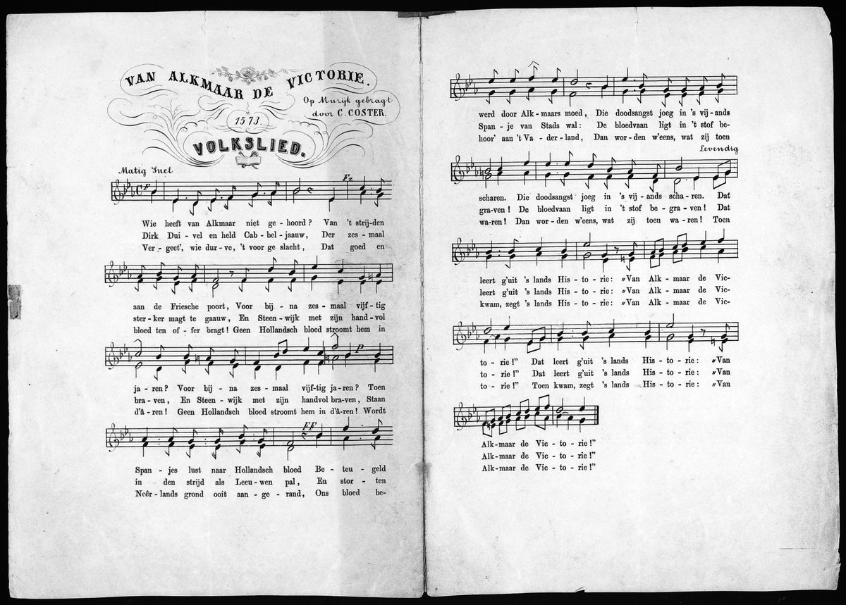 NEDMuz's tweet image. Vandaag viering #alkmaarontzet. Uit onze gedigitaliseerde bibliotheekcollectie het Stedelied van C. Coster uit 1860 dat nog steeds gezongen wordt. Meer info over de herdenking en dit lied op   8october.nl/over-alkmaar-o…
