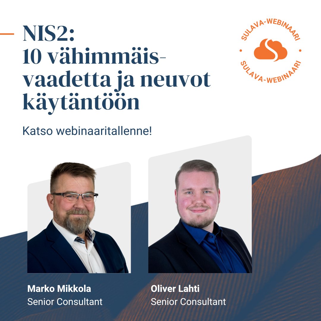 NIS2-direktiivi otetaan käyttöön ensi viikolla 18.10, ja asettaa vaatimuksia erityisesti kriittisiksi määritetyille aloille. Muistathan, että se voi koskea organisaatiotasi myös esim. yhteistyön kautta. Tutustu aiheeseen maksuttomassa #NIS2 tallenteessa sulav.at/3ZNFoAu