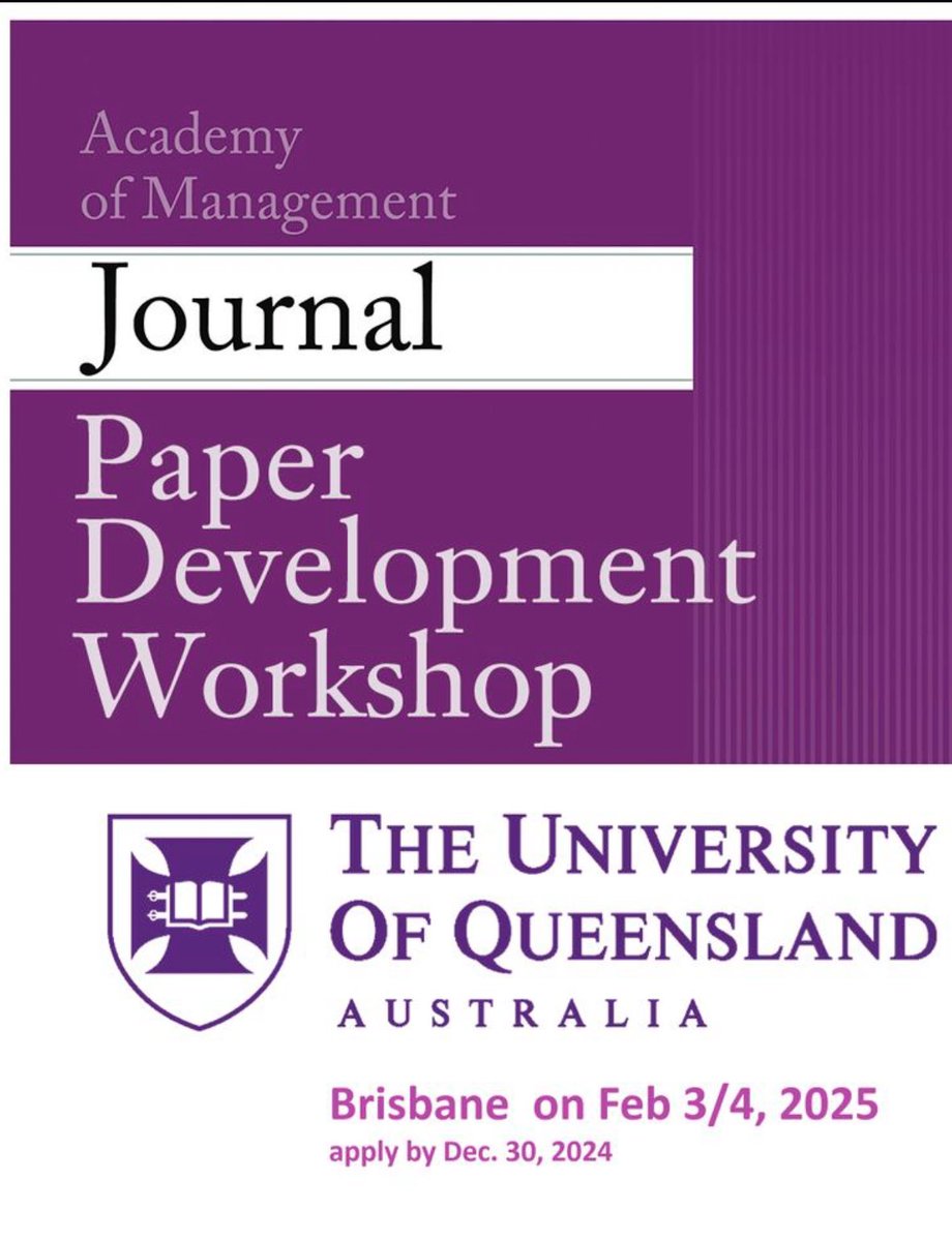 Prof Paula Jarzabkowski (@profjarz) on Twitter photo Thanks to <a href="/MarcBGruber/">Marc Gruber</a>, <a href="/AOMConnect/">Academy of Management</a> editors & <a href="/UQ_Business/">UQ Business School</a> we are hosting an AMJ paper development workshop at University of Queensland in sunny Brisbane on 3-4 Feb 2025. Registrations (w 10 page paper) close 30 Dec 2024. Please share aom.org/events/event-d… Thanks to <a href="/MarcBGruber/">Marc Gruber</a>, <a href="/AOMConnect/">Academy of Management</a> editors & <a href="/UQ_Business/">UQ Business School</a> we are hosting an AMJ paper development workshop at University of Queensland in sunny Brisbane on 3-4 Feb 2025. Registrations (w 10 page paper) close 30 Dec 2024. Please share aom.org/events/event-d…