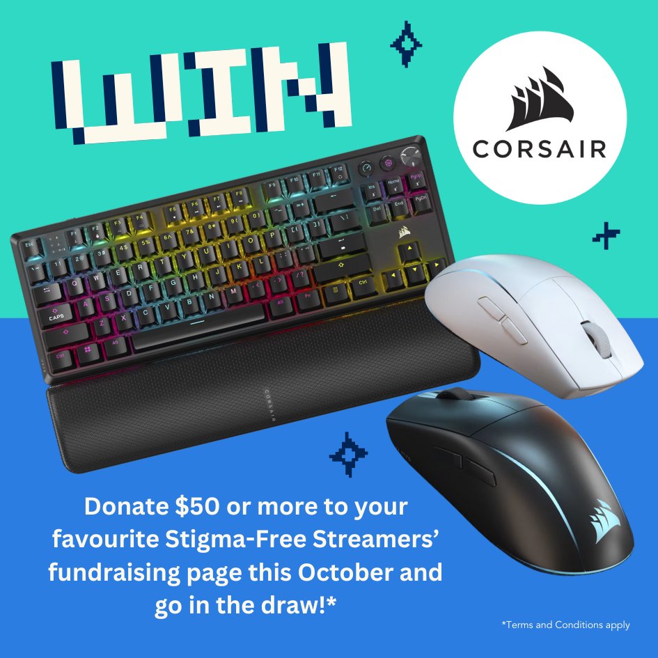 Support your favourite streamer this #MentalHealthMonth &amp; you could WIN a M75 WIRELESS Lightweight RGB Gaming Mouse or a K70 CORE TKL WIRELESS Gaming Keyboard from <a href="/CORSAIR/">CORSAIR</a>! 🙌

Every $50 donation gets you an entry! Support a Stigma-Free Streamer now: bit.ly/4919hOX 💙