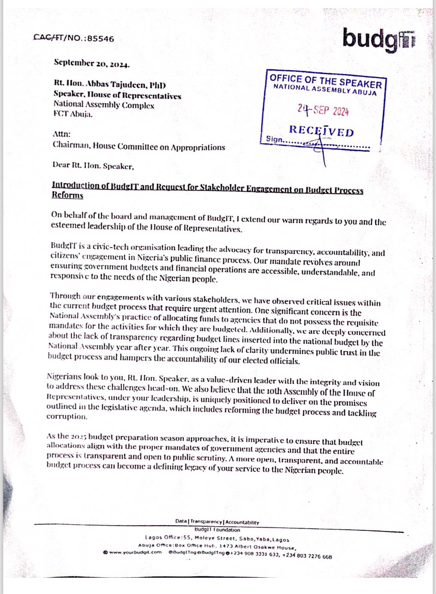BudgITng's tweet photo. Dear Nigerians,

#TheBudgetisaMess, how can we ensure this does not continue?

We have written to the President of the @NGRSenate, Godswill Akpabio, @Senator_Akpabio, @SPNigeria, and the Speaker of the @HouseNGR, Hon. Abbas Tajudeen, @Speaker_Abbas, raising concerns about the National Assembly’s practice of inserting projects into the budget and allocating funds to agencies without the mandate to execute them.

While we wait to hear from their offices, we urge you to stay alert as the #2025Budget approaches. 

It is critical that the budget reflects the true interests of Nigerians.

#TheBudgetisaMess