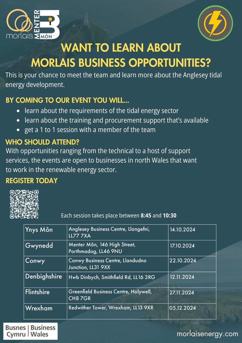 Menter Môn (@mentermon) on Twitter photo ⭐️ Supply Chain Events ⭐️
Learn about business opportunities available through Morlais, and how yours can benefit from our tidal energy development.
Events are open to any business in north Wales that wants to work in the renewable energy sector.
<a href="/_businesswales/">Business Wales</a> ⭐️ Supply Chain Events ⭐️
Learn about business opportunities available through Morlais, and how yours can benefit from our tidal energy development.
Events are open to any business in north Wales that wants to work in the renewable energy sector.
<a href="/_businesswales/">Business Wales</a>