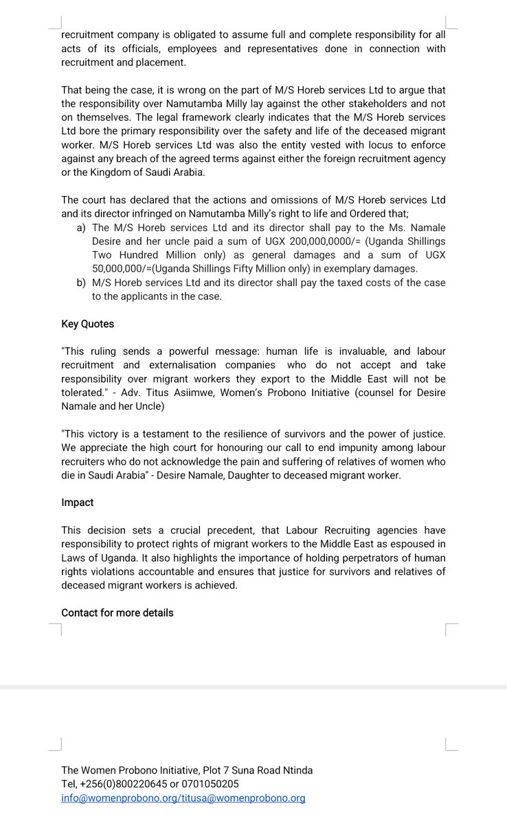 Yesterday we received a landmark victory where the court upheld the right to life in the case of Namale Desire v Horeb Services Ltd who lost her mother in labour exportation.
This precedent is a testament to the resilience of survivors &amp; power of justice. 
womenprobono.org/landmark-victo…