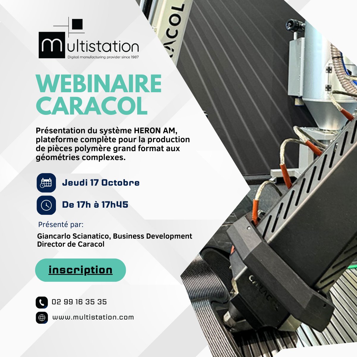 Webinaire HERON AM de Caracol
Extrusion grand format polymères

📣 Présenté par Giancarlo Scianatico de Caracol
📆 Date : Jeudi 17 Octobre à 17:00
Inscription: multistation.webinargeek.com/presentation-c…