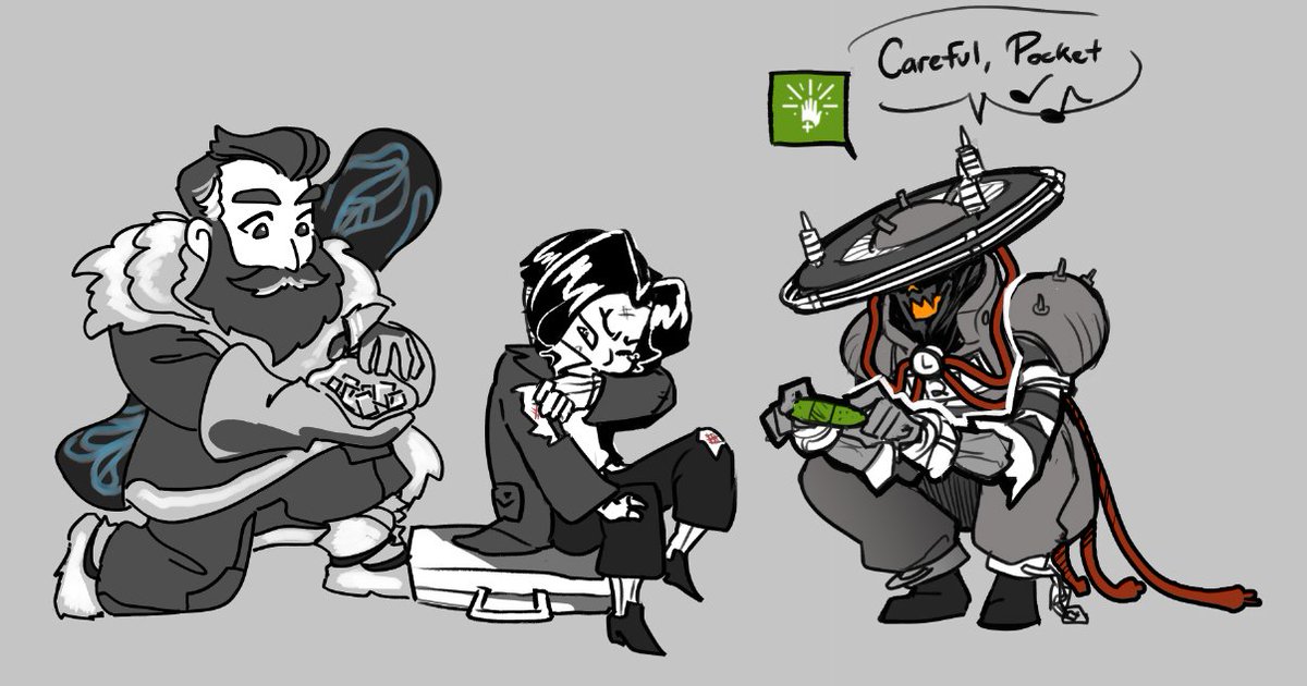 Posting Day 3 (Now Featuring art by <a href="/PailKnight/">Pail</a> and <a href="/Scribblecloud/">Scrib</a>) 
I am bad at this game and get Pocket routinely beat. Elemental dad 1 and 2 are very helpful at picking them back up.  
 #Deadlockfanart  #deadlock #DeadlockPocket #DeadlockSeven #DeadlockKelvinPocket