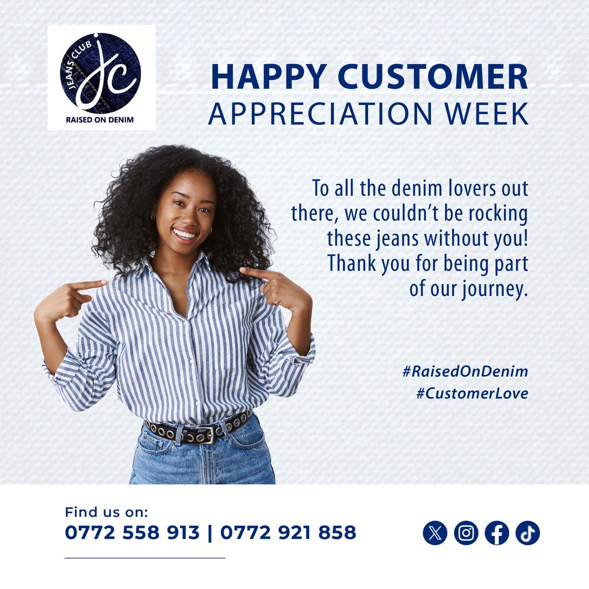 Ritahntaori's tweet image. Happy Customer Appreciation Week! 
We love you here @jeansclub_ug ❤️

#RaisedOnDenim #CustomerLove #DenimAppreciation #CustomerAppreciationWeek #JeansLove #FashionGratitude