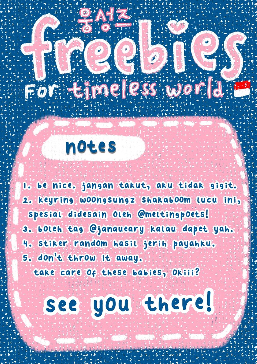 zb1 timeless world in jakarta, 
special made for woongsungz's kids ― (limited) freebies by <a href="/janaueary/">ä</a> ♡

📍 ice bsd ― october 26th, 2024.

how to claim:
⭒ ticket holder (prioritas!).
⭒ like and retweet.
⭒ show this tweet.
#ZEROBASEONEINJAKARTA