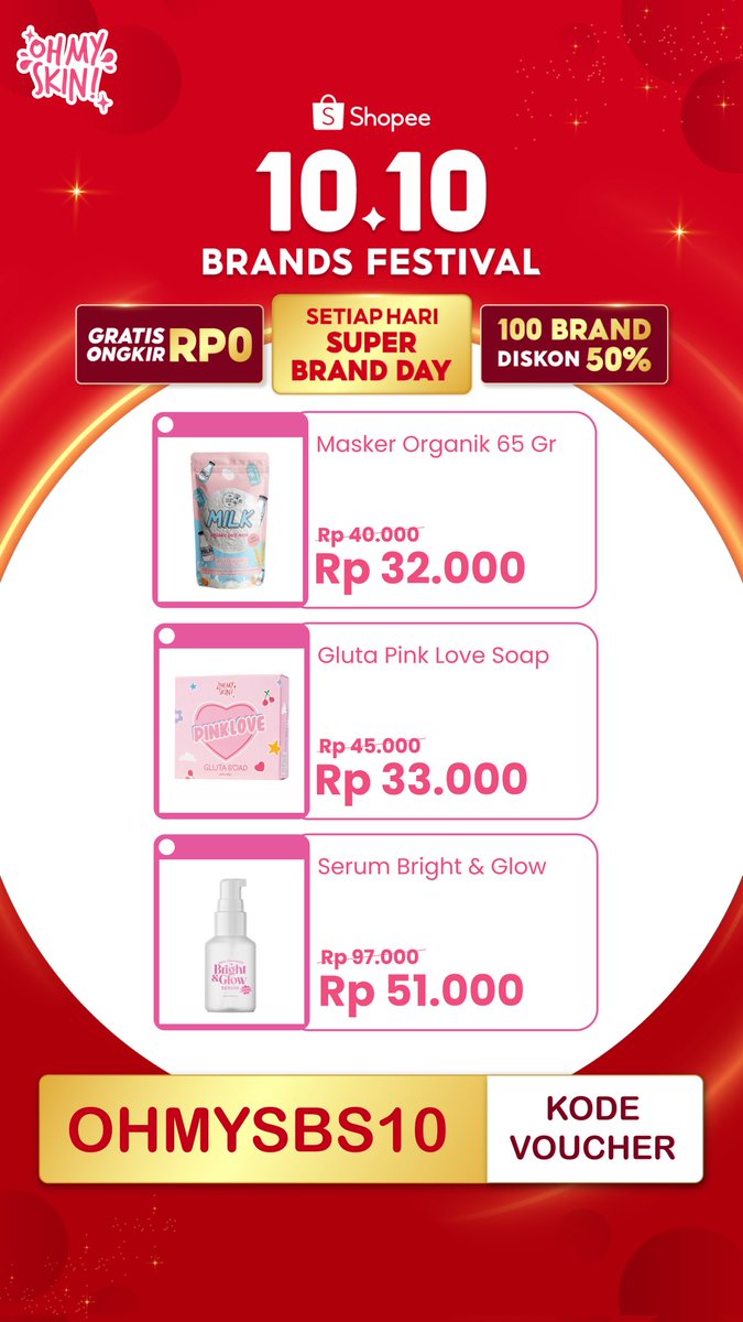 ohmyskin_id's tweet photo. @ShopeeID SPILL PROMO SHOPEE OHMYSKIN ALL PRODUCT di #Shopee1010BrandsFestivalKlaim voucher kece ini dan langsung meluncur ke Shopee tanggal 10 Oktober! 🛒🛍️✨

kode Voucher: OHMYSBS10 https://t.co/YXzQRLRIAW