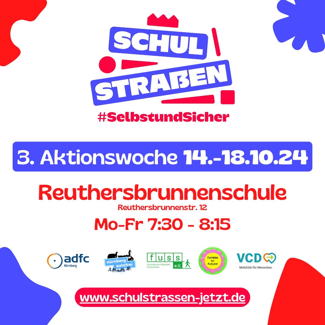 Nächste Woche finden die nächsten Schulstraßendemos in #Nürnberg statt. Mo-Fr, jeweils 7:30 - 8:15, an der Reuthersbrunnenschule. 
<a href="/KinderaufsRad/">Kidical Mass - Kinder aufs Rad</a>