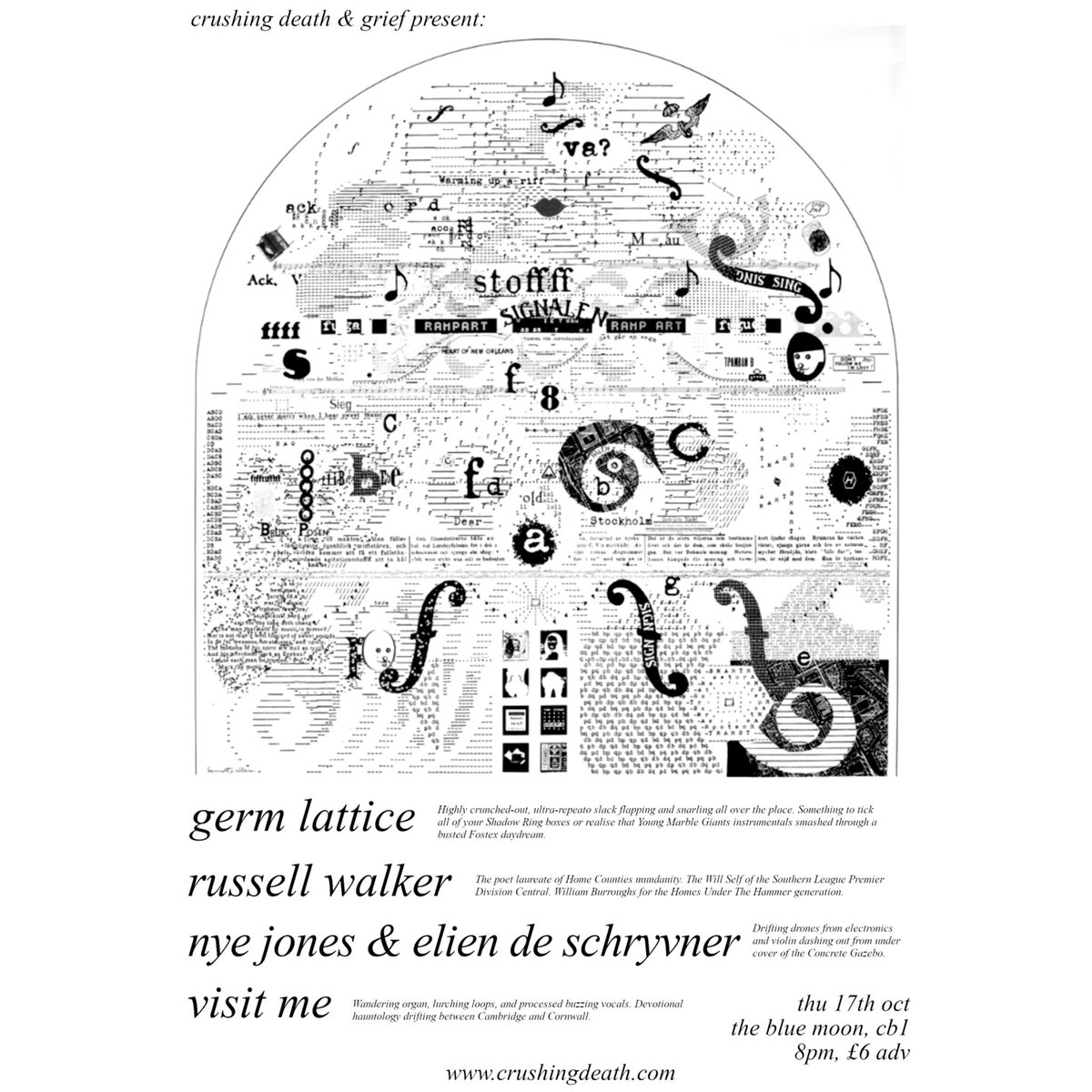 Next up: GERM LATTICE + RUSSELL WALKER + NYE JONES &amp; ELIEN DE SCHRYVER + VISIT ME
Thu 17th Oct @ The Blue Moon, Cambridge

A night of crunched-out, ultra-repeato slack, alternative drab realities, drifting drones, and devotional hauntology.

wegottickets.com/event/632369