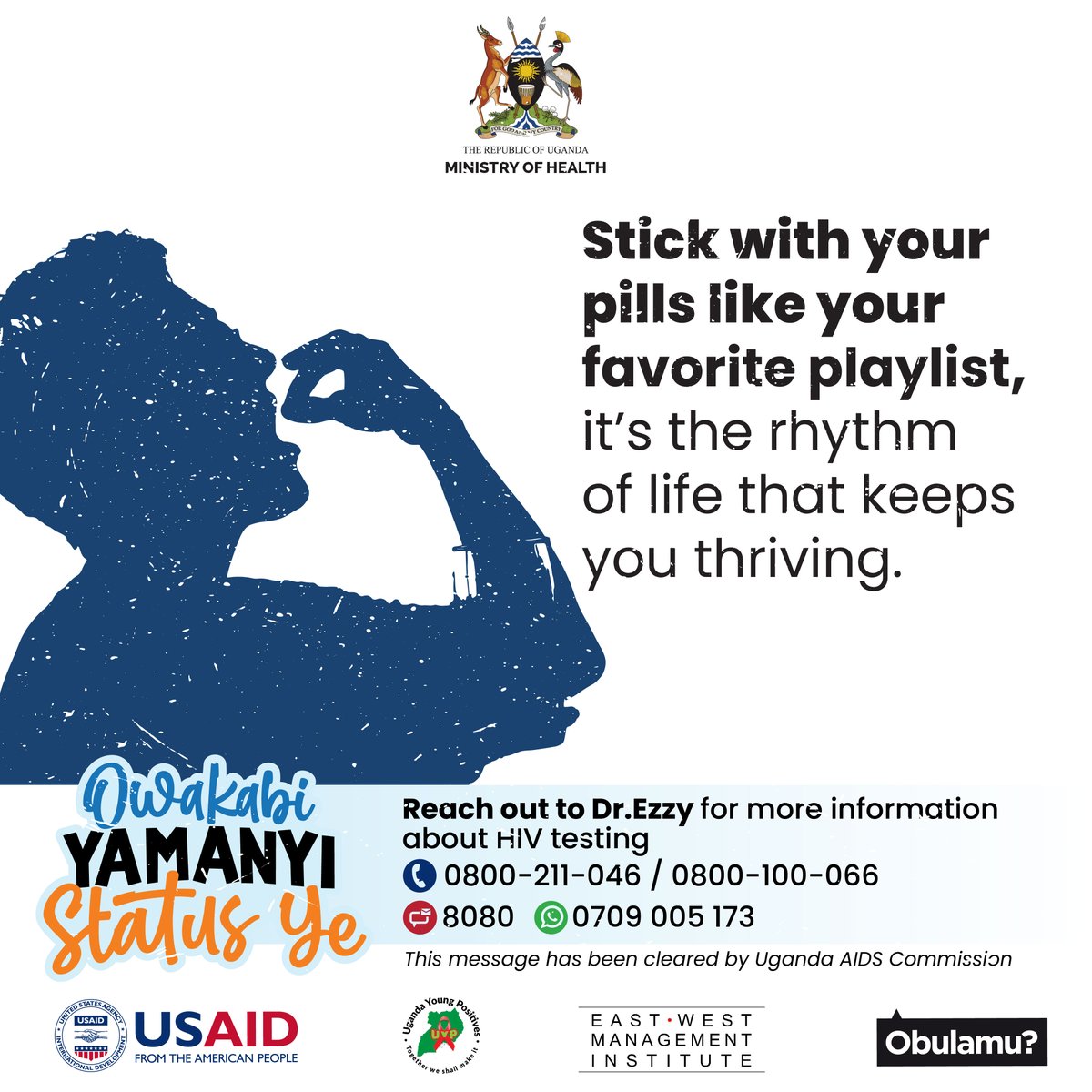 Stick with your pills like your favorite playlist, it is the rhythm of life that keeps you thriving🎶

It’s all about that healthy beat! 

☎️Dr. Ezzy for more info about HIV testing on 0800 211 046 or send an SMS on 8080. It’s Free.

#ObulamuSsiZaala
#ObulamuUg