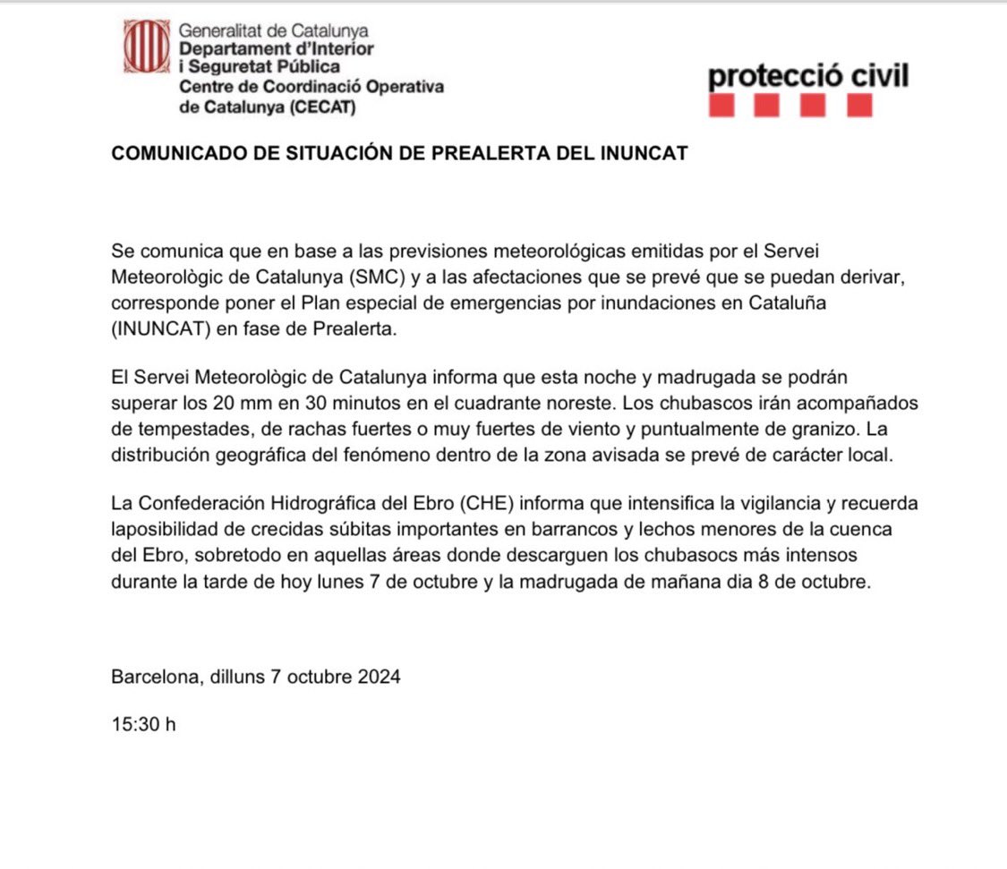 torrents_d's tweet photo. L’Alcaldessa @Jean_Abella ha rebut aquesta notificació per part del CECAT informant sobre la prealerta de pluja, fins aquí normal…
Però quan la llegeixes veus que està en CASTELLÀ. 

Ara la @gencat es comunica en CASTELLÀ amb altres administracions? https://t.co/GeWX7OMrHx