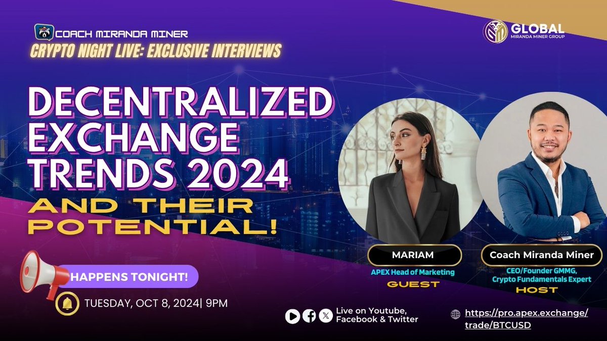 OfficialApeXdex's tweet photo. Join @coachmiranda today for a special AMA with @_Mariam888, Head of Marketing at ApeX.  

Don't miss the discussion on the hottest decentralized trends for 2024, along with an exploration of #ApeXOmni's roadmap and the deflationary tokenomics model for $APEX.  

Catch the live interview here at 1PM UTC: https://t.co/MDgEMETXEM