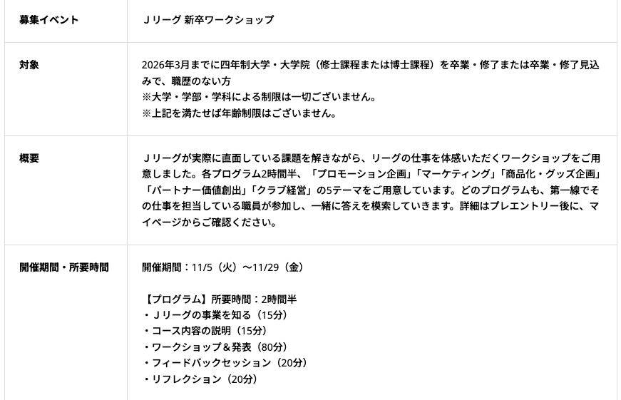 ／
Ｊリーグ開幕以来初！
新卒採用イベントを開催⚽️
＼

Ｊリーグの課題を解きながらスポーツビジネスを体感できる、26年新卒学生向けワークショップの参加者募集中！

■対象
2026年卒予定の大学生・大学院生

■応募締切
2024年10月22日 23:59

詳細はこちら⏬️
recruit.aboutj.jleague.jp/?utm_source=X&…

#Ｊリーグ
