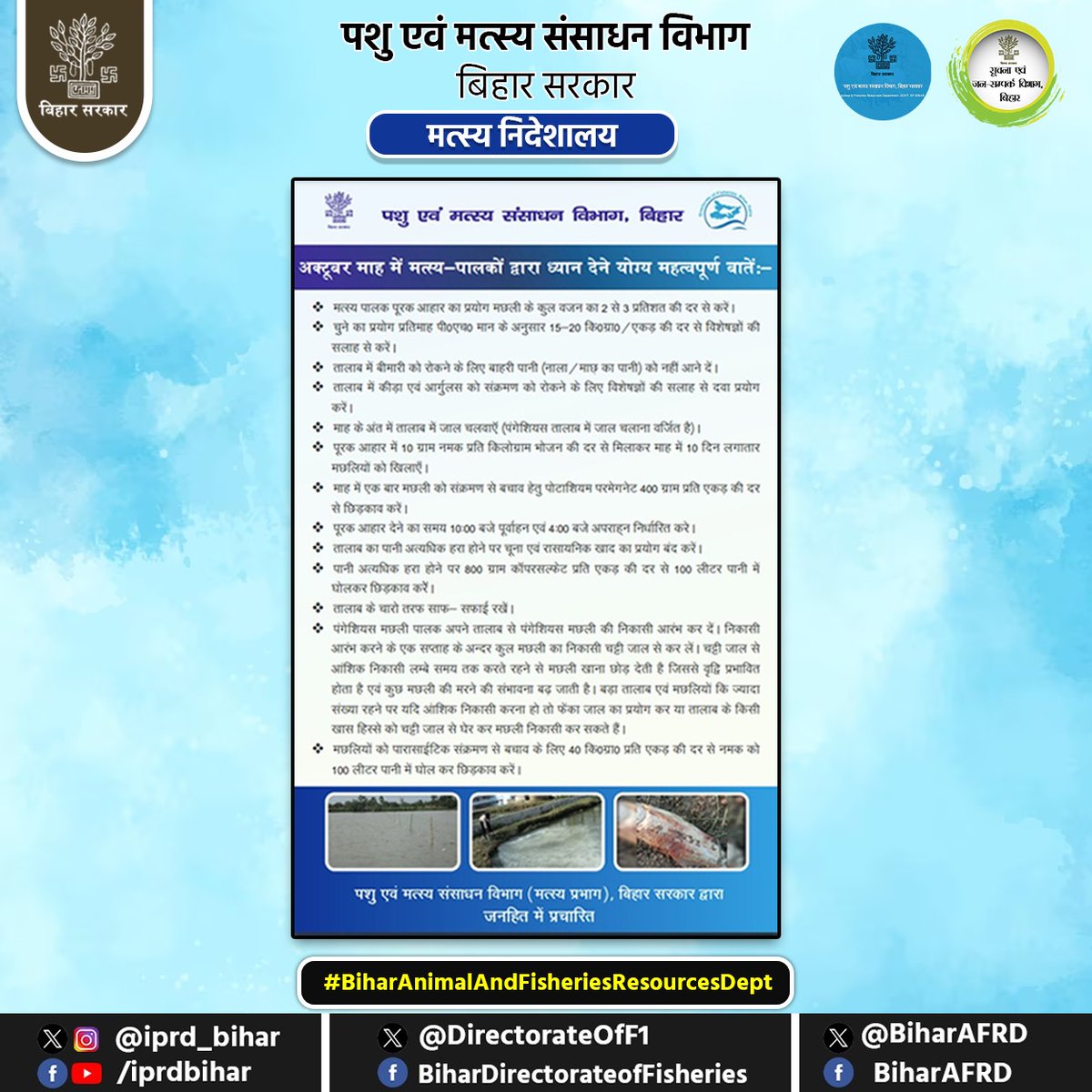 अक्टूबर माह में मत्स्य-पालकों द्वारा ध्यान देने योग्य महत्वपूर्ण बातें

<a href="/renu_bjp/">Renu Devi 🇮🇳</a> <a href="/vijayaias/">nvijayalakshmi</a> 
<a href="/Dept_of_AHD/">Dept of Animal Husbandry & Dairying, Min of FAH&D</a> @AnimalBihar 
#BiharAnimalAndFisheriesResourcesDept
#fishfarmers #fish