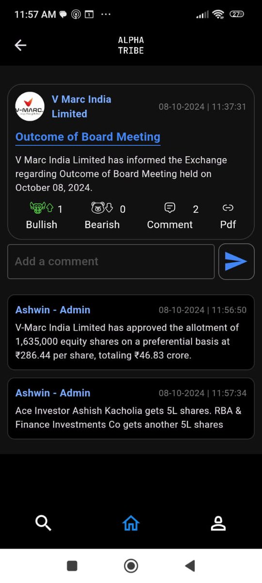 AlphaTribe_in's tweet photo. V-Marc India Limited has approved the allotment of 16.3 L equity shares on a preferential basis at ₹286.44 per share, totaling ₹46.83 crore.

Ace Investor Ashish Kacholia @luckyinvest_ark gets 5L shares. RBA & Finance Investments Co gets another 5L shares

#AlphaTribe #Preferential #StockMarketindia