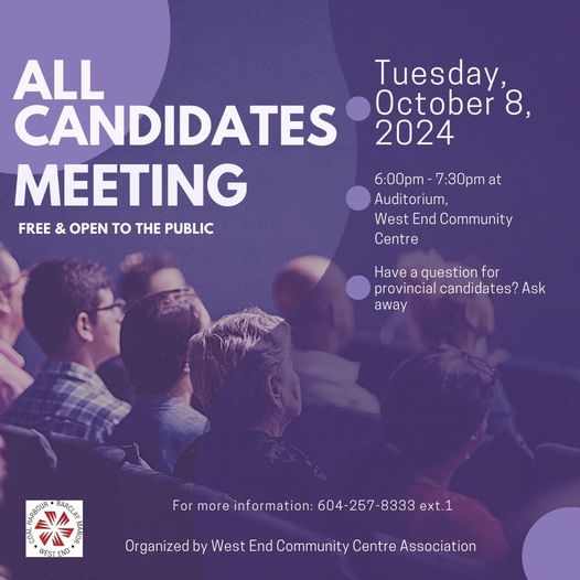 All-Candidates Meeting, Tues Oct 8 at 6 pm at West End Community Centre. Ask your candidates how they will protect the city's elected Park Board!
