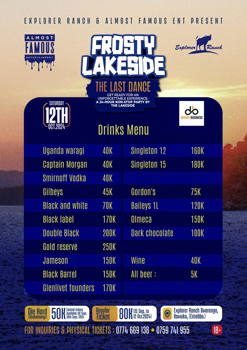 nimusiima's tweet photo. What’s #FrostyLakeside without drinks? Here’s the drinks menu as you prepare to have an epic weekend by the shores of Lake Nalubaale. https://t.co/zVghtykGmO