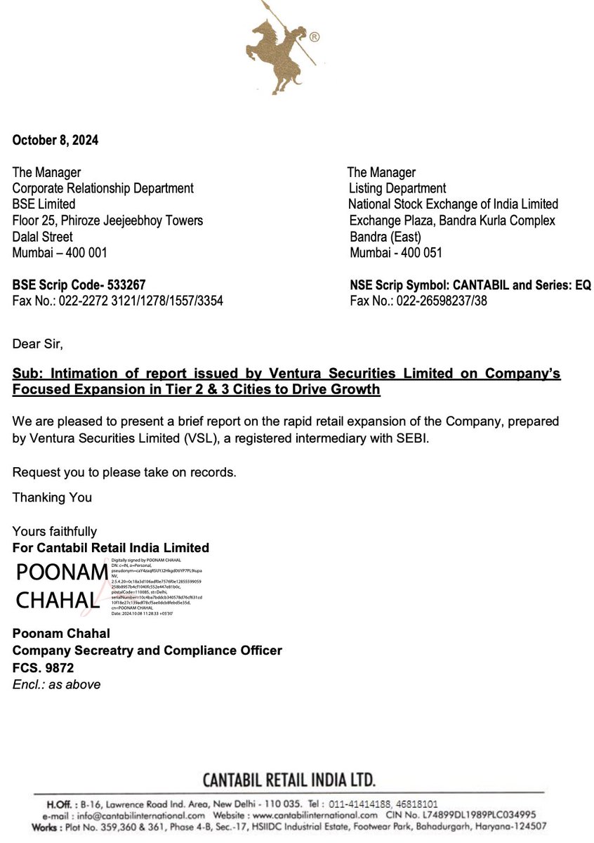 BeatTheStreet10's tweet photo. The company put out the research report via exchange filing 

Disclosure : Biased

Cantabil Retail filed to exchange about a report released by Ventura Securities which sees 110% upside https://t.co/rZibtd1Zyb