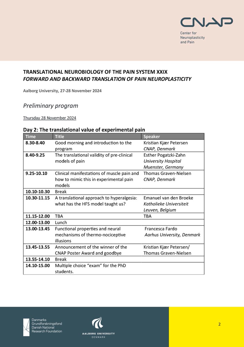 Please join this <a href="/CNAP_AAU/">CNAP-AAU</a> event:
TRANSLATIONAL NEUROBIOLOGY OF THE PAIN SYSTEM XXIX: FORWARD AND BACKWARD TRANSLATION OF PAIN NEUROPLASTICITY
Integrates subjective, molecular, neurophysiological and advanced multimodal assessment perspectives on chronic pain and neuroplasticity.