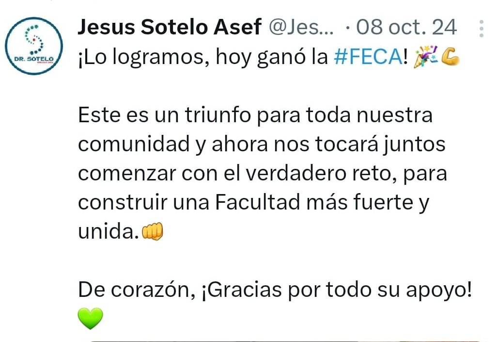 ⭕️ || El doctor <a href="/JesusSotelo84/">Jesus Sotelo Asef</a> gana elección en la Facultad de Economía, Contaduría y Administración de la <a href="/UJED_Oficial/">Universidad Juárez del Estado de Durango</a>.  #Durango 

En redes sociales anuncia su triunfo y agradece a quienes dieron su voto para que sea el próximo director de la FECA.
