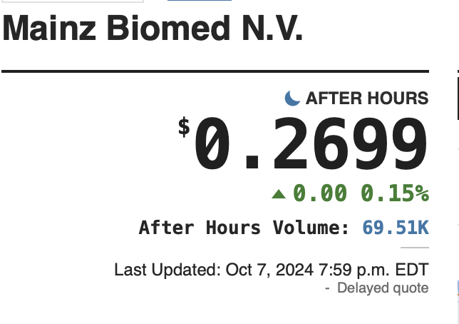 NSchmus89136's tweet photo. Mainz Biomed is sitting at $0.24, but new tech like mRNA biomarkers could push this biotech company higher! 

Watch this space

#DaiShun $FMCCL $IRT #BuyTheDip #Culiacán #DawgPound #ToTheMoon https://t.co/yuKGGUbKGq