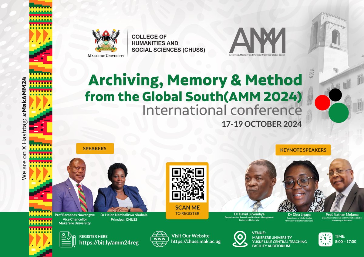 MakerereCHUSS's tweet photo. 8 days to go to the Archiving, Memory &amp; Method from the Global South International Conference. Please register here: https://t.co/juNOCWzayV. Note: This conference is in person only. #MakAMM24 @nkabalah  @edgarjacktaylor @EdgarNabutanyi  @Josephineahiki1 https://t.co/SfTF9n5TgO