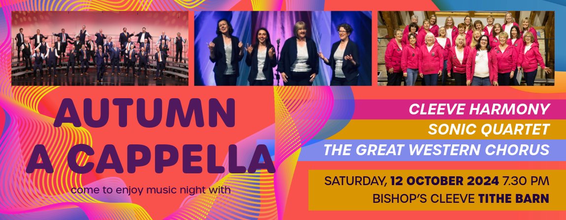 We're so excited to be heading to Bishop's Cleeve on Saturday to sing with our friends at <a href="/CleeveHarmony/">Cleeve Harmony Chorus</a> and Sonic Quartet!
For tickets and more details check out the website: cleeveharmony.org.uk