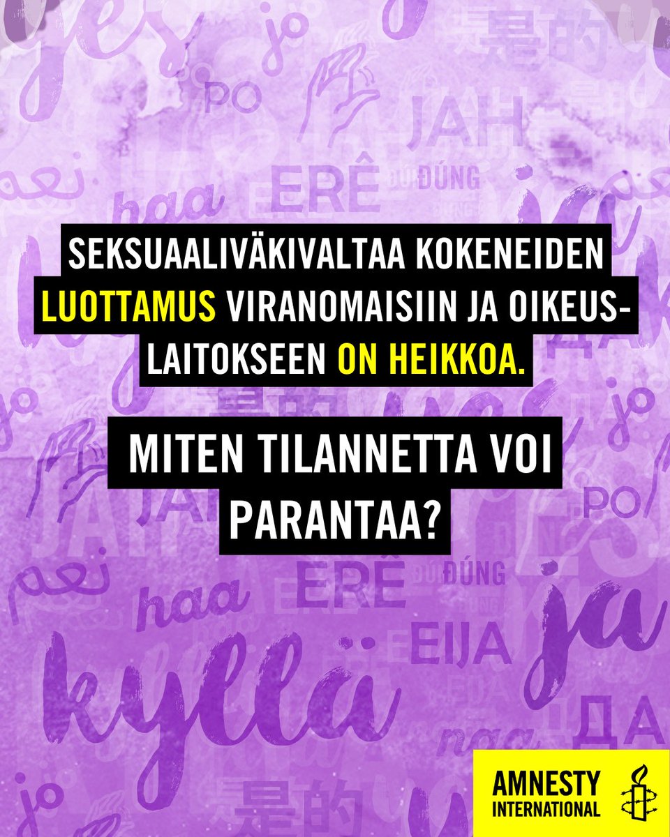 Kansalaiskyselymme mukaan Suomessa asuvien luottamus viranomaisten kykyyn kohdella seksuaaliväkivaltaa kokeneita oikeudenmukaisesti on heikkoa.

Naisista 61 prosenttia ei luottanut oikeuslaitoksen kykyyn kohdella raiskauksen uhreja oikeudenmukaisesti.

Miksi tämä on ongelma?

1/6